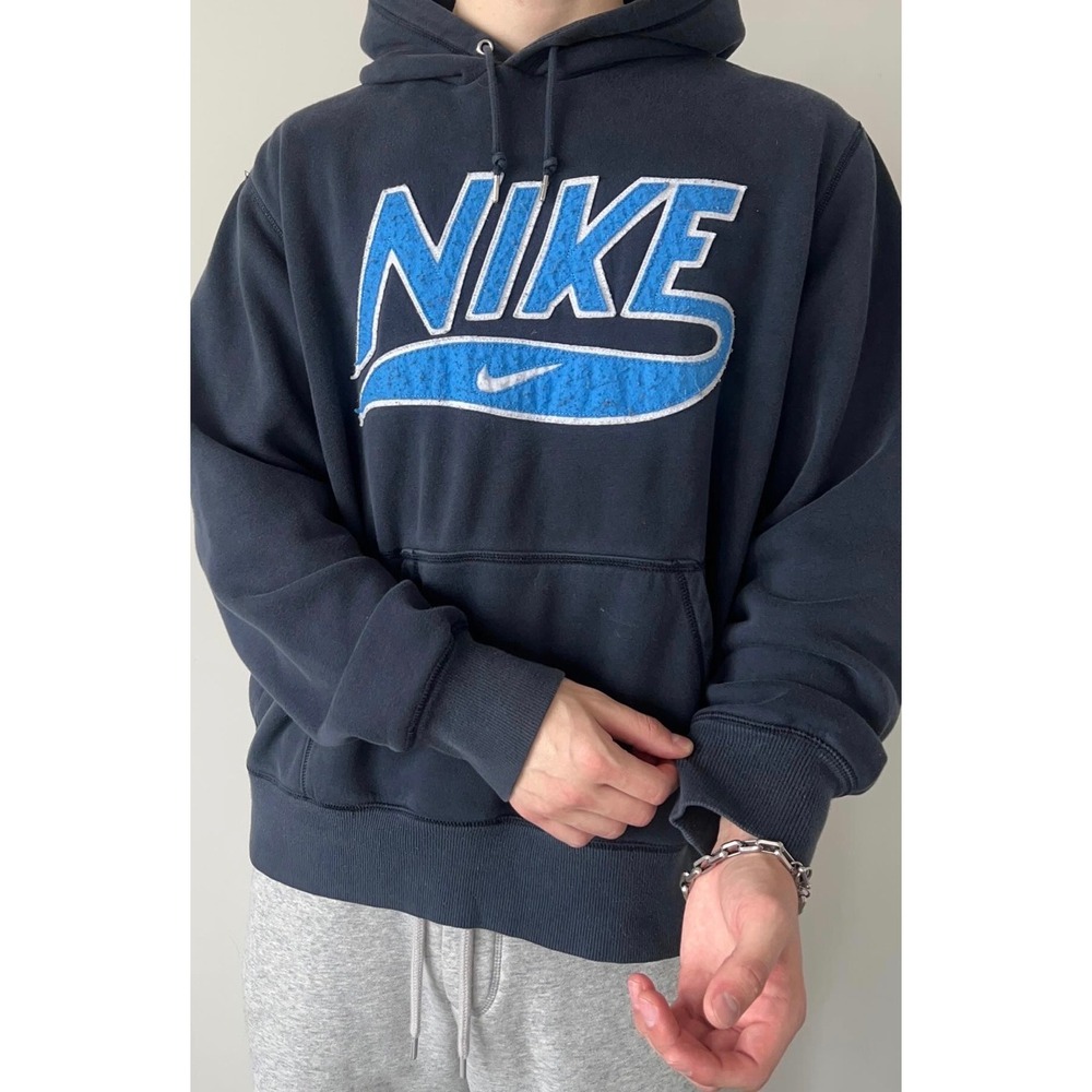 Vtg Y2K Nike Mens Navy Blue Chenille Spellout Logo Pullover Hoodie Sweatshirt